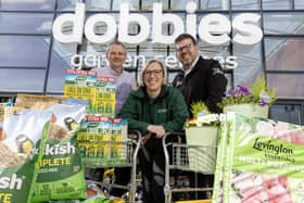Dobbies general manager, Ken Ferguson, and operations manager, Jenny Campbell, with The Junction centre director, Chris Flynn, at Dobbies’ Antrim which has launched exclusive spring offers