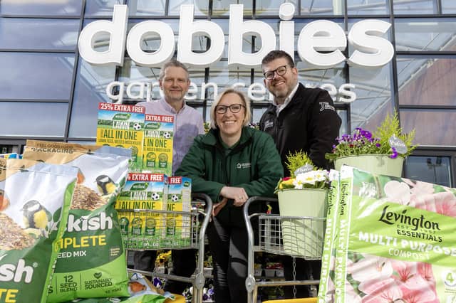 Dobbies general manager, Ken Ferguson, and operations manager, Jenny Campbell, with The Junction centre director, Chris Flynn, at Dobbies’ Antrim which has launched exclusive spring offers