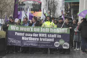 Healthcare  workers protest at City Hall Belfast 