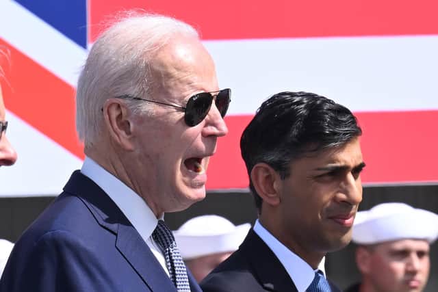 US President Joe Biden (left) and Prime Minister Rishi Sunak during a meeting with the Prime Minister of Australia Anthony Albanese, at Point Loma naval base in San Diego, US, to discuss the procurement of nuclear-powered submarines under a pact between the three nations as part of Aukus, a trilateral security pact between Australia, the UK, and the US. Picture date: Monday March 13, 2023.
