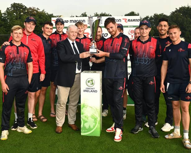 Northern Knights captain Mark Adair lifts the Inter-Provincial Cup trophy at Stormont, Belfast. PIC: Cricket Ireland