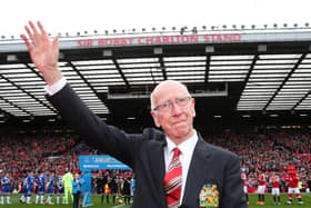 Sir Bobby Charlton attends the unveiling of a stand renamed in his honour ahead of the Barclays Premier League match between Manchester United and Everton at Old Trafford on April 3, 2016. (Photo by Matthew Peters/Manchester United via Getty Images)