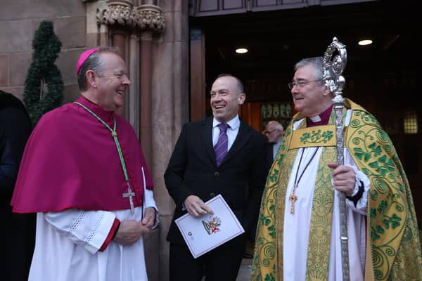 The Roman Catholic Archbishop Eamon Martin, left, and the Church of Ireland Archbishop of Armagh, the Most Revd John McDowell, right, with the Northern Ireland Secretary Chris Heaton-Harris at a Service of Thanksgiving for the coronation at St Patrick's Cathedral, Armagh on Tuesday. King Charles has told faith leaders that at his coronation he will take an oath relating to the settlement of the Church of England but he had always thought of Britain as a "community of communities". Photo Liam McBurney/PA Wire