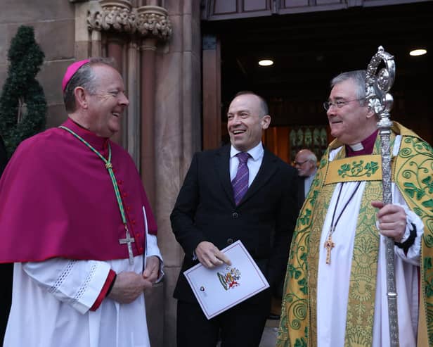 The Roman Catholic Archbishop Eamon Martin, left, and the Church of Ireland Archbishop of Armagh, the Most Revd John McDowell, right, with the Northern Ireland Secretary Chris Heaton-Harris at a Service of Thanksgiving for the coronation at St Patrick's Cathedral, Armagh on Tuesday. King Charles has told faith leaders that at his coronation he will take an oath relating to the settlement of the Church of England but he had always thought of Britain as a "community of communities". Photo Liam McBurney/PA Wire