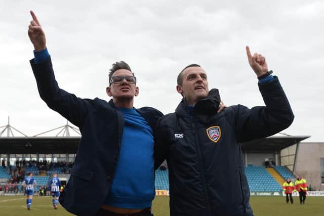 Celebrity Coleraine FC fan Alan Simpson, left, and team manager Oran Kearney are both celebrating a £2m investment in their club.
Photo Colm Lenaghan/Pacemaker Press