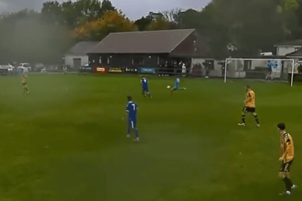Comber Rec goalkeeper Corey Pollock scored in Saturday's Irish Cup win. (Photo via Comber Rec footage)