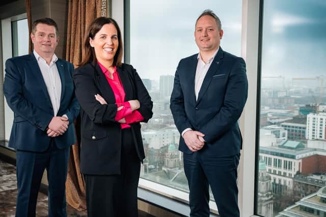 Dungannon-based Gildernew & Co inests opening new office in Belfast and creating five  new jobs. Gary Bonner, head of Gildernew & Co’s new office in Belfast and restructuring & insolvency team lead is pictured with founder and managing partner, Gerard Gildernew and co-partner, Claire McElduff
