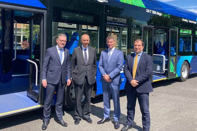 Ballymena's Wrightbus secures £50 million UKEF financing to turbocharge green exports. Pictured are Jean-Marc Gales, Wrightbus CEO, Lord Dominic Johnson, Minister for Investment, Graeme MacLaughlin, Barclays relationship director and Carl Williamson, UK Export Finance Head of Trade Finance