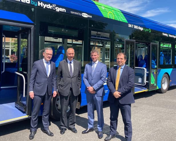 Ballymena's Wrightbus secures £50 million UKEF financing to turbocharge green exports. Pictured are Jean-Marc Gales, Wrightbus CEO, Lord Dominic Johnson, Minister for Investment, Graeme MacLaughlin, Barclays relationship director and Carl Williamson, UK Export Finance Head of Trade Finance