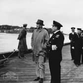 Surrender of 8 German U-boats at Derry. Admiral Horton and Sir Basil Brooke, Prime Minister of Northern Ireland at the time, examine the captured subs on 14 May 1945.