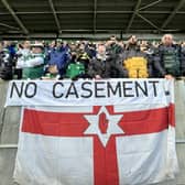 A banner on display during Saturday's Euro 2024 qualifying win for Northern Ireland over San Marino at the National Football Stadium at Windsor Park showing opposition to Casement Park as a venue for the Euro 2028 tournament. (Photo by Niall Carson/PA Wire)