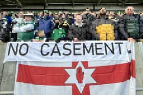 A banner on display during Saturday's Euro 2024 qualifying win for Northern Ireland over San Marino at the National Football Stadium at Windsor Park showing opposition to Casement Park as a venue for the Euro 2028 tournament. (Photo by Niall Carson/PA Wire)