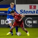 Isaac Baird (left) competing with Portadown's Ben Kennedy during a Linfield fightback win at Shamrock Park. (Photo by David Maginnis/Pacemaker Press)