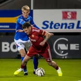 Isaac Baird (left) competing with Portadown's Ben Kennedy during a Linfield fightback win at Shamrock Park. (Photo by David Maginnis/Pacemaker Press)