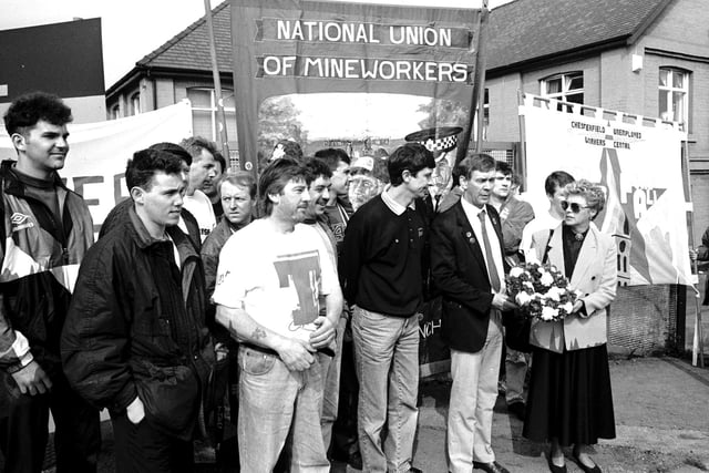 MIners and civic representatives gather on the last day of Bolsover Colliery, April 30, 1993.