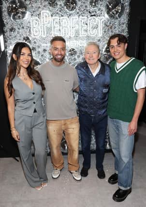 Ekin Su Culculoglu and BPerfect founder Brendan McDowell with Louise Walsh and Bradley Riches at the opening of the revamped BPerfect Cosmetics Megastore  in Castlecourt Shopping Centre, Belfast,