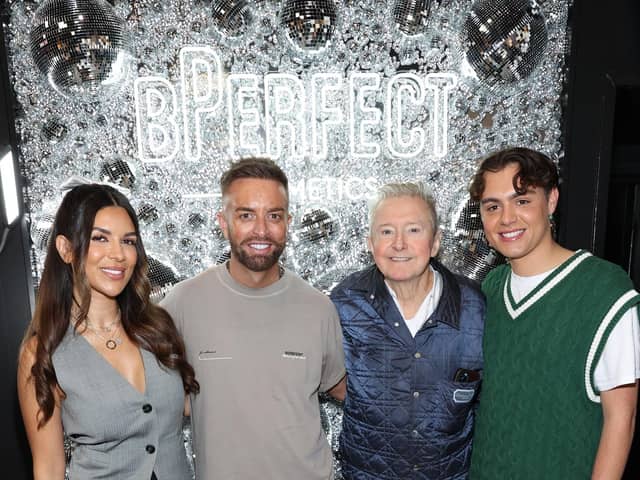 Ekin Su Culculoglu and BPerfect founder Brendan McDowell with Louise Walsh and Bradley Riches at the opening of the revamped BPerfect Cosmetics Megastore  in Castlecourt Shopping Centre, Belfast,