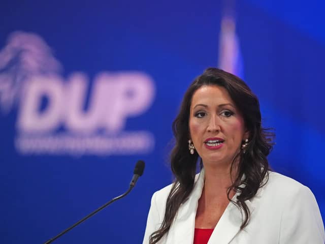 Deputy First Minister Emma Little-Pengelly delivers a speech to the Democratic Unionist Party (DUP) conference at La Mon Hotel,  Belfast. Pic: Brian Lawless/PA Wire