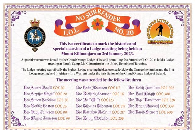 The certificate marking the occasion of the Orange lodge meeting on Mt Kilimanjaro on January 3
