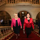 A triumphant Sinn Fein Vice President Michelle O'Neill (left) and President Mary Lou McDonald at Belfast City Hall for the recent local election count. Their surge has been brought about by their pragmatic stance on reversing their purist republican credentials, swallowing up their negative historical stance with a charm offensive which has worked and worked spectacularly. Photo Liam McBurney/PA Wire