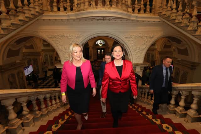 A triumphant Sinn Fein Vice President Michelle O'Neill (left) and President Mary Lou McDonald at Belfast City Hall for the recent local election count. Their surge has been brought about by their pragmatic stance on reversing their purist republican credentials, swallowing up their negative historical stance with a charm offensive which has worked and worked spectacularly. Photo Liam McBurney/PA Wire