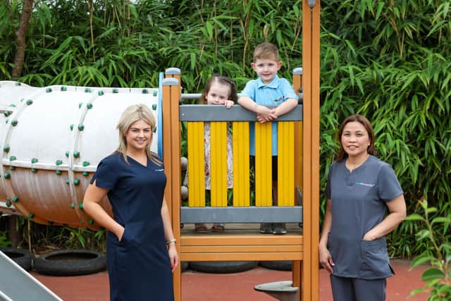 Northern Ireland nursery chain wins major UK childcare awards. Laura Vincent, nursery manager at Kids@BT9 Daycare in Belfast, celebrates with Sienna McLoughlin (2), Daire O’Connor (4) and Evelyn Verschuur, pre-school room leader, as Clear Day Nurseries is awarded two prestigious UK industry gongs for its childcare facilities