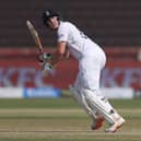 England's Harry Brook edges the ball towards the boundary during Day Two of the Third Test between Pakistan and England at Karachi National Stadium on Sunday. (Photo by Matthew Lewis/Getty Images)