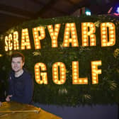 Located in Glengormley, Scrapyard Golf offers a unique and entertaining experience to visitors of all ages, featuring repurposed street furniture, signs, skateboards, bumps, and remoulded tyres as obstacles throughout the crazy golf course. From its humble beginnings, with only 20 visitors per day, the venue has quickly grown to welcome up to 500 people daily. Pictured is Mayor of Antrim and Newtownabbey, Alderman Stephen Ross and Henry Crowe, owner of Scrapyard Golf