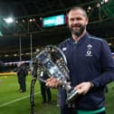 Ireland head coach Andy Farrell poses with the Six Nations trophy. PIC: Brian Lawless/PA Wire.