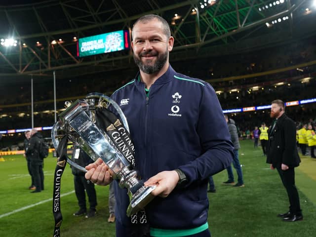 Ireland head coach Andy Farrell poses with the Six Nations trophy. PIC: Brian Lawless/PA Wire.