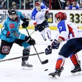 Belfast Giants' Patrick Dwyer with Arlan Kokshetau's Stanislav Borovikov during the 'winner-takes-all' IIHF Continental Cup Final game at the SSE Area, Belfast in January 2019.   Photo by William Cherry/Presseye