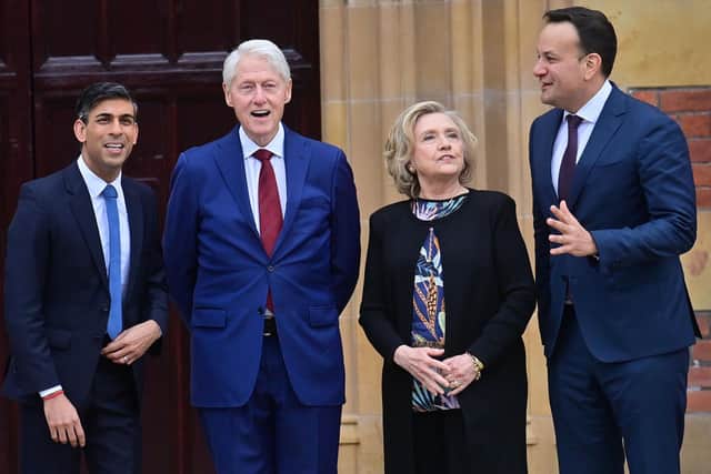 Pacemaker Press 19/04/23 - Bill and Hillary Clinton, PM Rishi Sunak and Taoiseach Leo Varadkar attend the third and final day of events at Queen's University Belfast on Wednesday, to mark 25 years since the signing of the Good Friday Agreement