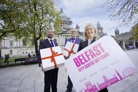 Launching the Belfast City Centre Gift Card corporate Christmas gift campaign are Chris McCracken from Linen Quarter BID, Damien Corr from Destination CQ and Kathleen McBride from Belfast One