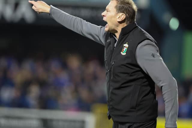 Duncan Ferguson delivering instructions from the sidelines at Coleraine during his Irish League debut as Glentoran manager. (Photo by Desmond Loughery/Pacemaker Press)