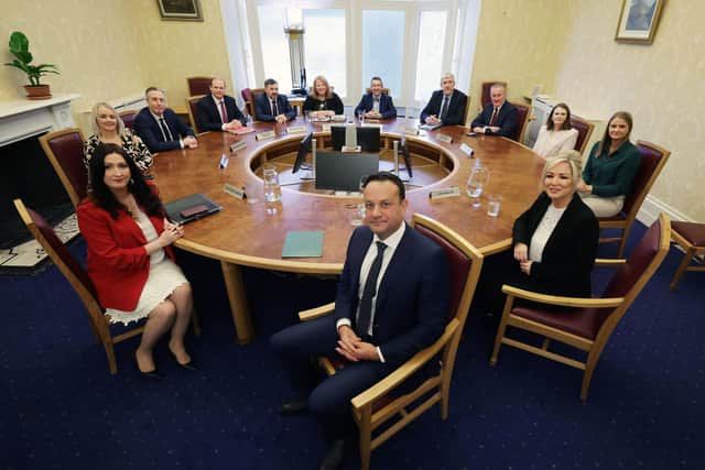 Taoiseach Leo Varadkar meeting First Minister Michelle O'Neill, Deputy First Minister Emma Little-Pengelly and members of the newly-formed Stormont Executive at Stormont Castle, Belfast