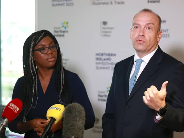 Trade Secretary Kemi Badenoch (left) and Northern Ireland Secretary Chris Heaton-Harris speaking to the media during the Northern Ireland Investment Summit 2023 at the ICC, Belfast