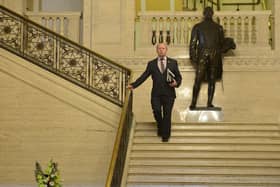 Traditional Unionist Voice leader Jim Allister  pictured in the Great Hall in Stormont - where the party claims he is being kept off the Windsor Framework Democratic Scrutiny Committee. Picture By: Arthur Allison/Pacemaker Press.
