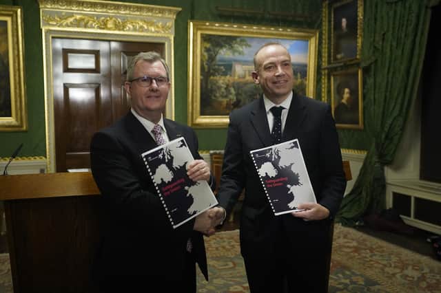DUP leader Sir Jeffrey Donaldson and NI Secretary Chris Heaton-Harris with copies of the ‘Safeguarding the Union’ document. Writing in today's News Letter, DUP deputy leader Gavin Robinson says his party's agreement with the government 'goes further than ever before to undo the damage of the NI Protocol'. He adds: 'The arrangements we have secured not only restore but safeguard Northern Ireland’s place in the United Kingdom and its internal market'