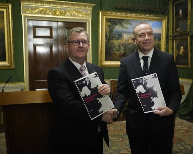 DUP leader Sir Jeffrey Donaldson and NI Secretary Chris Heaton-Harris with copies of the ‘Safeguarding the Union’ document. Writing in today's News Letter, DUP deputy leader Gavin Robinson says his party's agreement with the government 'goes further than ever before to undo the damage of the NI Protocol'. He adds: 'The arrangements we have secured not only restore but safeguard Northern Ireland’s place in the United Kingdom and its internal market'