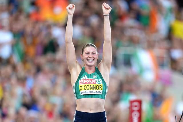 Kate O'Connor celebrates winning gold at the European Athletics Championships