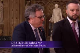 Dr Stephen Farry MP, deputy leader of the Alliance Party, alongside Colum Eastwood MP, SDLP leader, speaking to the BBC after the King's Speech in Westminster on Tuesday November 7 2023