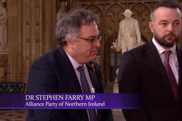 Dr Stephen Farry MP, deputy leader of the Alliance Party, alongside Colum Eastwood MP, SDLP leader, speaking to the BBC after the King's Speech in Westminster on Tuesday November 7 2023