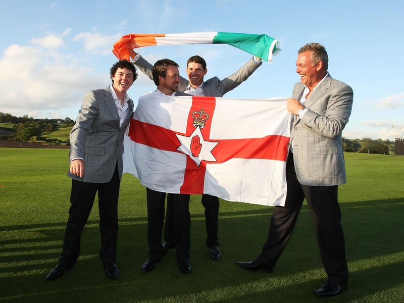 2010 Ryder Cup Final Day Singles Matches 4/10/2010Europe vs USARory McIlroy, Graeme McDowell, Padraig Harrington and vice captain Darren Clarke celebrateMandatory Credit ©PRESS EYE/INPHO/Cathal Noonan