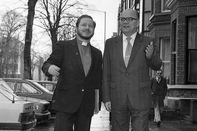 Pictured in January 1983 are Russian Christian leaders who were on a visit to Northern Ireland. Bishop Nerses Bozabaijan of the Armenian Apostolic Church and Pastor Alexei Bychkov, general secretary of the Baptist Union in the USSR are pictured walking along Elmwood Avenue, Belfast. Picture: News Letter archives