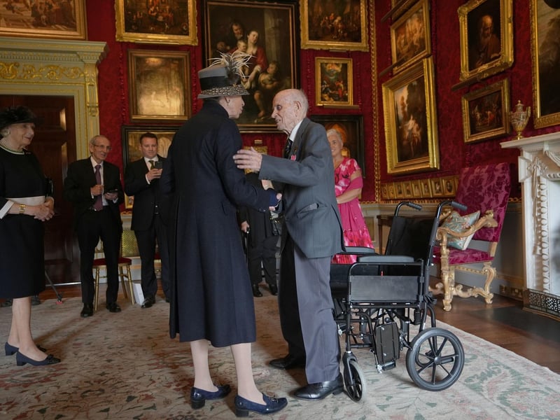 The Princess Royal presenting 106-year-old veteran Norman Irwin with his British Empire Medal (BEM) before attending the annual garden party at Hillsborough Castle during her visit to Northern Ireland. Picture date: Wednesday September 10, 2025. PA Photo. Photo credit should read: Niall Carson/PA Wire