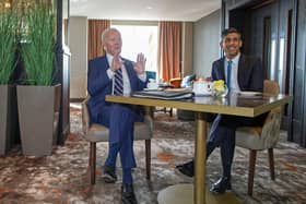Prime Minister Rishi Sunak meets with US President Joe Biden at the Grand Central Hotel in Belfast