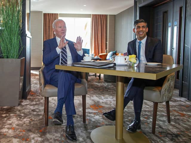 Prime Minister Rishi Sunak meets with US President Joe Biden at the Grand Central Hotel in Belfast