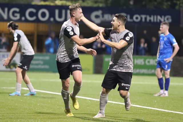 Matthew Shevlin (left) has now scored 50 goals for the Bannsiders after netting a brace in the 3-0 win against Dungannon Swifts