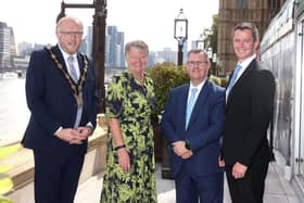 A showcase event, held in London’s Palace of Westminster, has heard details of how Lisburn & Castlereagh City Council plans to market its tourism brand on both the domestic and international market. Pictured at The Palace of Westminster networking event showcasing the Lisburn & Castlereagh area are mayor of Lisburn & Castlereagh City Council, councillor Andrew Gowan, Ellvena Graham, chair of Tourism Northern Ireland, The Rt Hon Sir Jeffrey Donaldson MP and David Burns, LCCC chief executive. Pic Steven McAuley/McAuley Multimedia