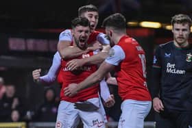 Tomas Cosgrove celebrates scoring what turned out to be Larne's winning goal against Glentoran. PIC: Andrew McCarroll/ Pacemaker Press